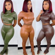 Load image into Gallery viewer, Fashion skinny stretch PU leather pants two-piece set(AY1764)