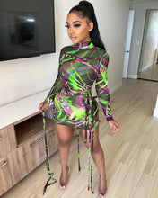Load image into Gallery viewer, Sexy mesh lace-up print dress