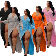 Load image into Gallery viewer, Tie pleated high split solid color dress(AY1556)