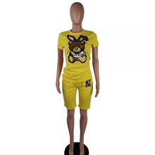Load image into Gallery viewer, Sequined bear cartoon short sleeve suit AY1041
