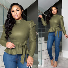Load image into Gallery viewer, Solid color half high collar long sleeve PU top(AY1561)