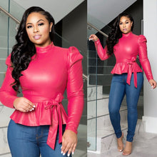 Load image into Gallery viewer, Solid color half high collar long sleeve PU top(AY1561)