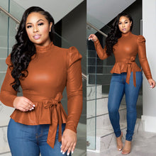 Load image into Gallery viewer, Solid color half high collar long sleeve PU top(AY1561)