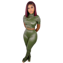 Load image into Gallery viewer, Fashion skinny stretch PU leather pants two-piece set(AY1764)
