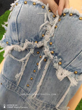 Load image into Gallery viewer, Tassel pierced hole nail drill washed denim jumpsuit AY2761
