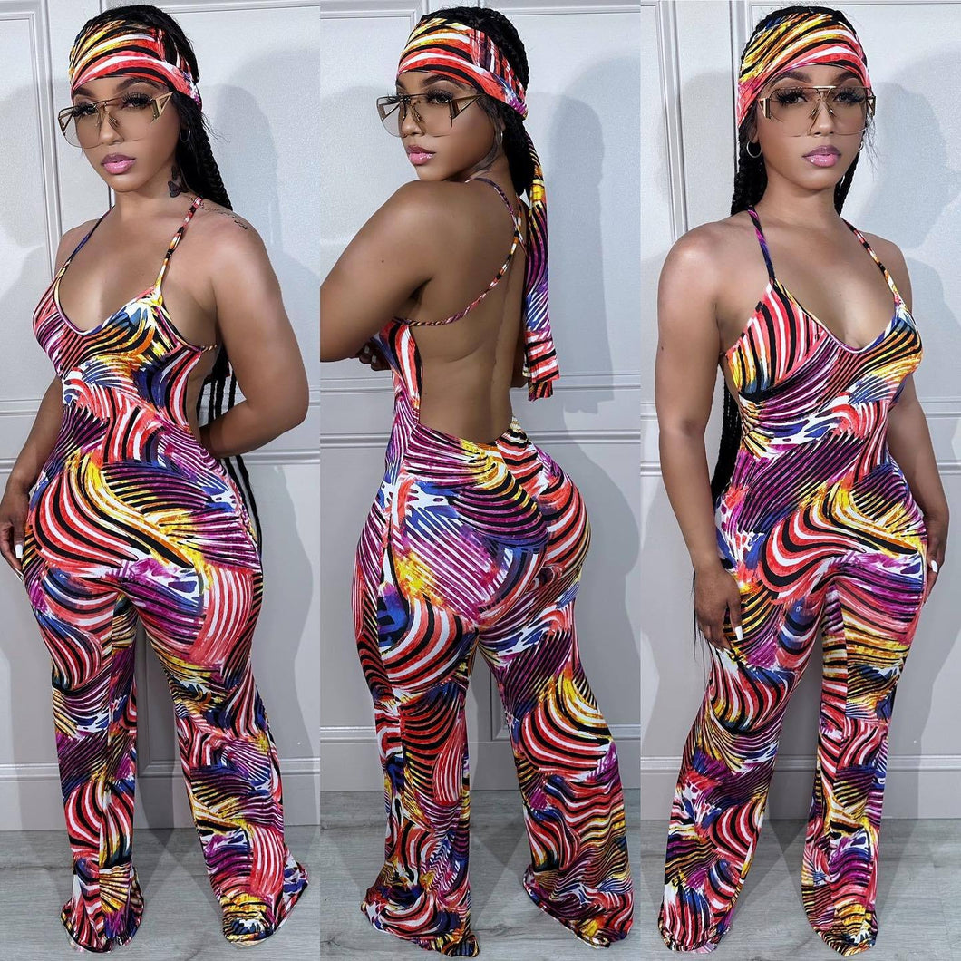 Printed backless long jumpsuit with headscarf AY2911