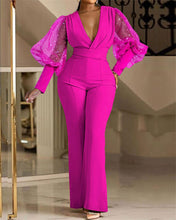 Load image into Gallery viewer, Fashion V-neck mesh patchwork long sleeved jumpsuit AY3130
