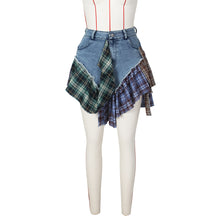 Load image into Gallery viewer, Sexy irregular plaid patchwork denim short skirt AY2956
