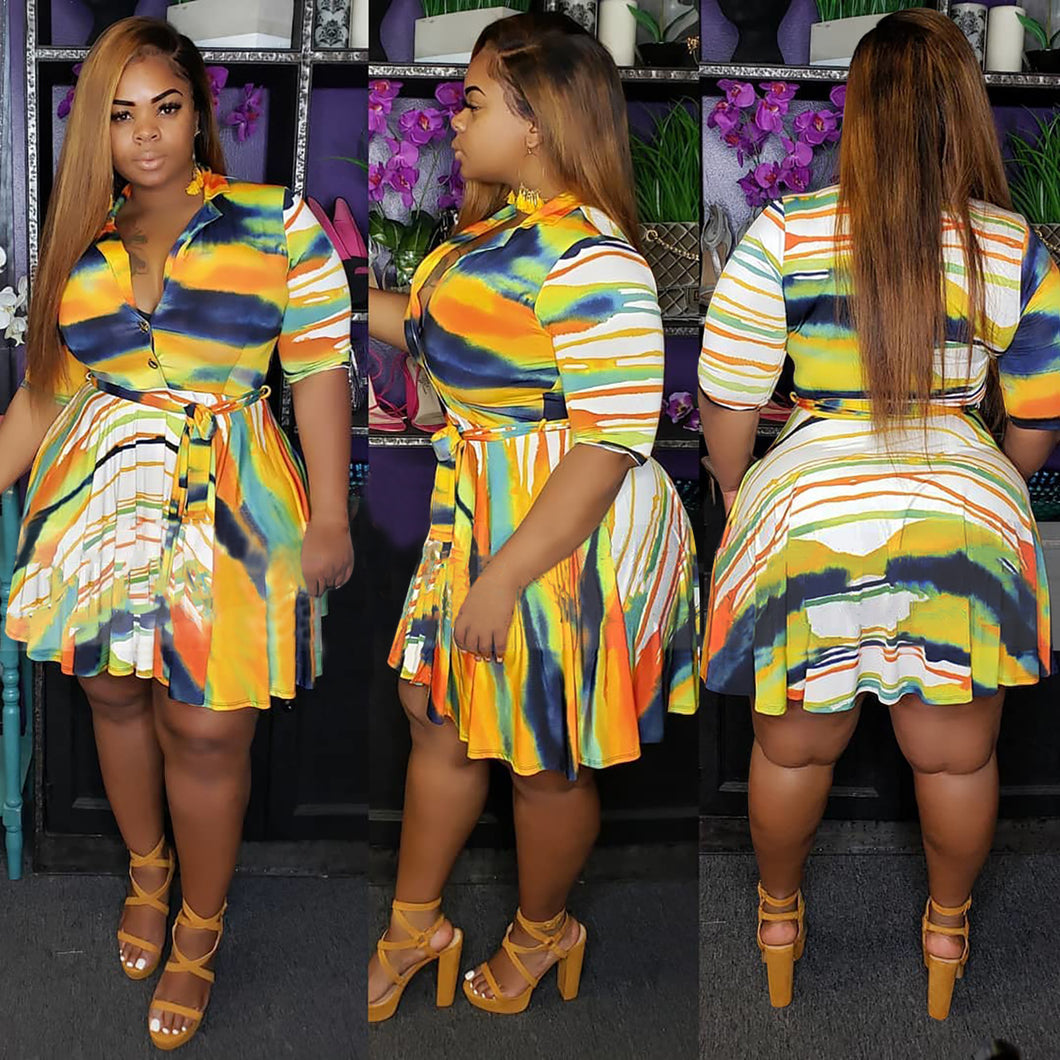 Irregular colored striped printed dress AY3003