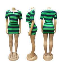 Load image into Gallery viewer, Striped contrast color navel-baring short lapel top hip-wrapped skirt suit
