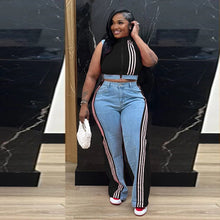 Load image into Gallery viewer, Casual Web Loose Stitching Denim Wide-Leg Pants Set
