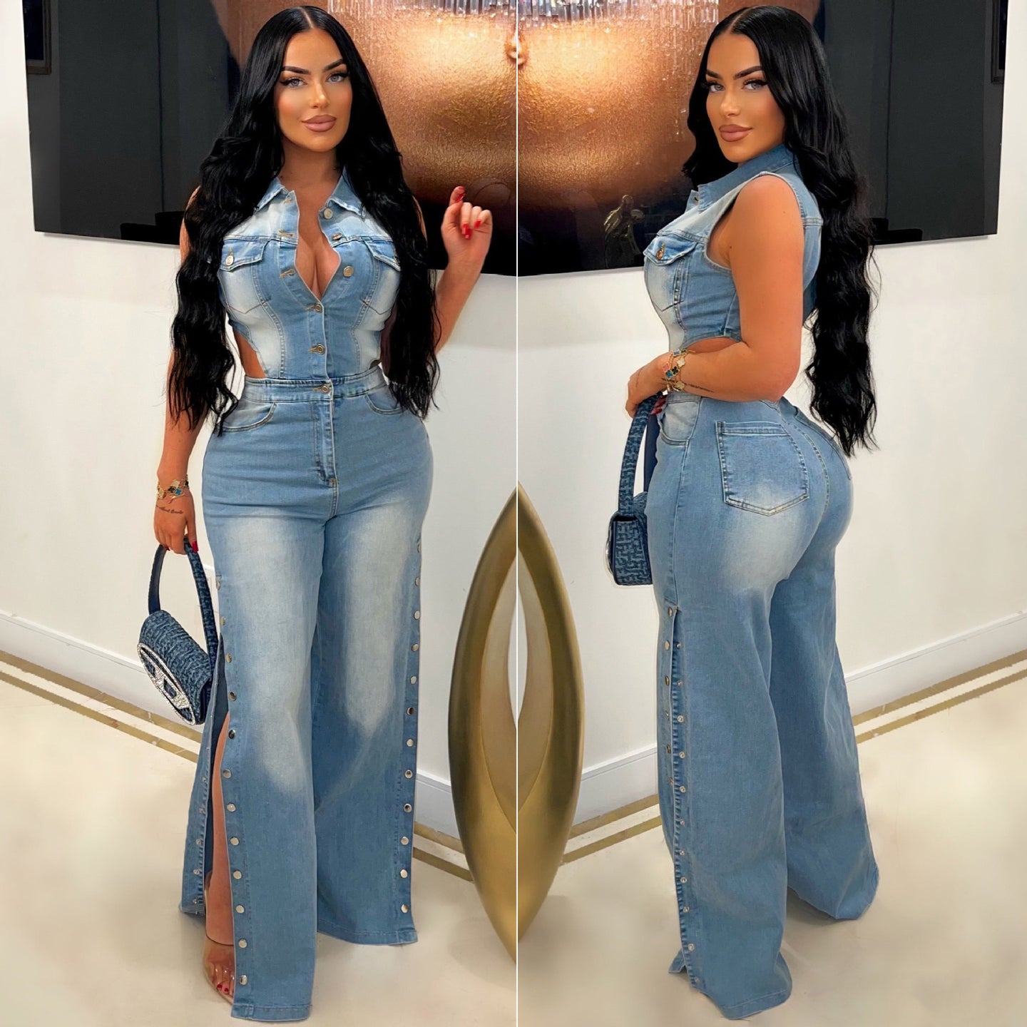 Slim Fit Stretch Washed Denim Jumpsuit Straight Loose Bodysuit