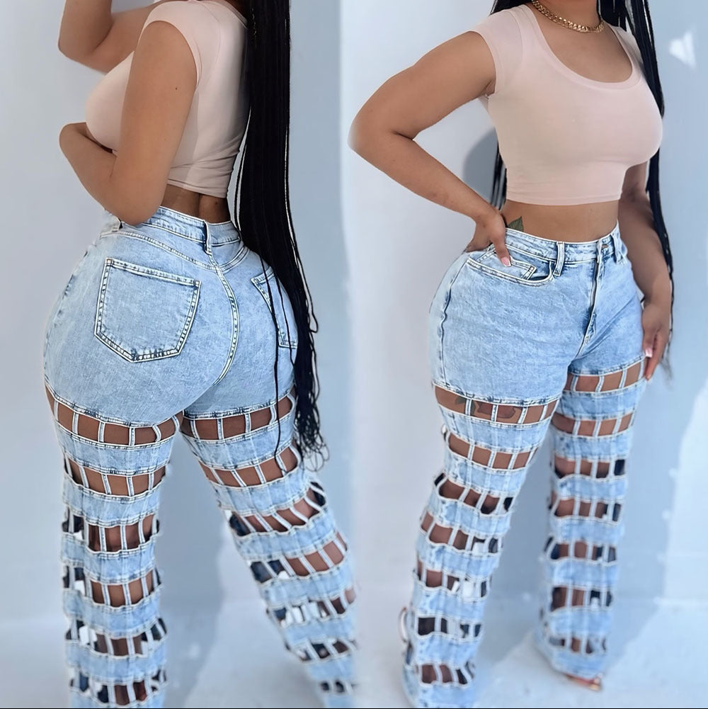 New street fashion hollow high waist straight pants AY3656