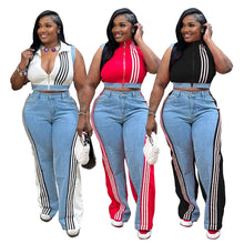 Load image into Gallery viewer, Casual Web Loose Stitching Denim Wide-Leg Pants Set
