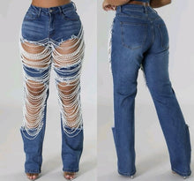 Load image into Gallery viewer, Fashionable ripped jeans chain beaded chain Straight-leg pants
