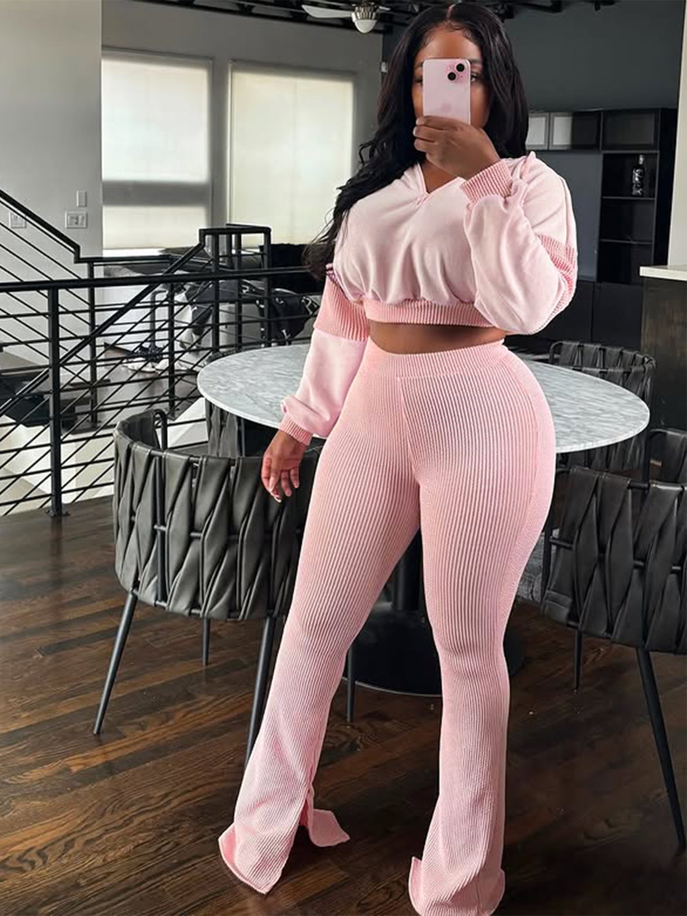 Hooded flared pants two piece suit