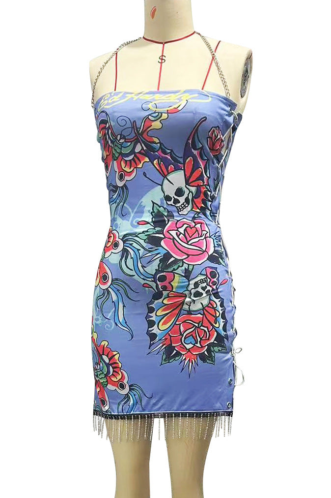 Vintage Positioning Print Bodycon Drawstring Tube Dress