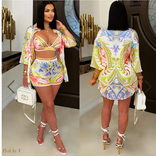 Load image into Gallery viewer, Casual Printed Beach Swimsuit Wrap-around Shirt Shorts Three-piece Set
