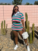 Load image into Gallery viewer, Striped contrast color navel-baring short lapel top hip-wrapped skirt suit
