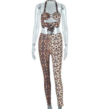 Load image into Gallery viewer, Fashion leopard print suit sexy wrap chest suspenders trousers two piece set
