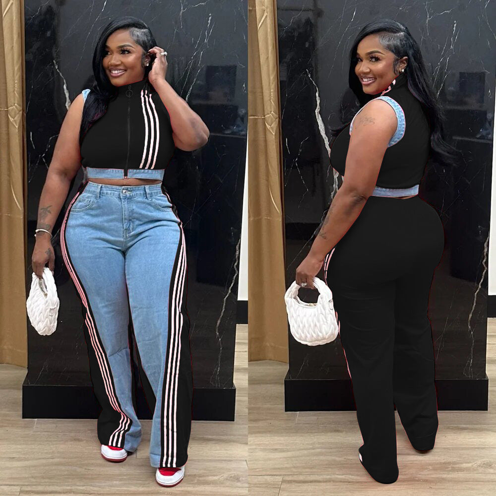 Casual Web Loose Stitching Denim Wide-Leg Pants Set