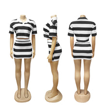 Load image into Gallery viewer, Striped contrast color navel-baring short lapel top hip-wrapped skirt suit
