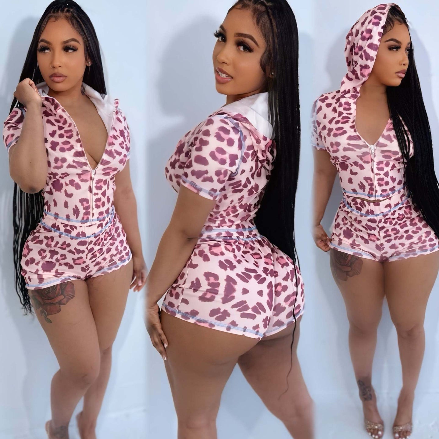 Fashionable leopard print zipper hooded print contrast color tight hip lift two piece suit