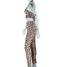 Load image into Gallery viewer, Fashion leopard print suit sexy wrap chest suspenders trousers two piece set
