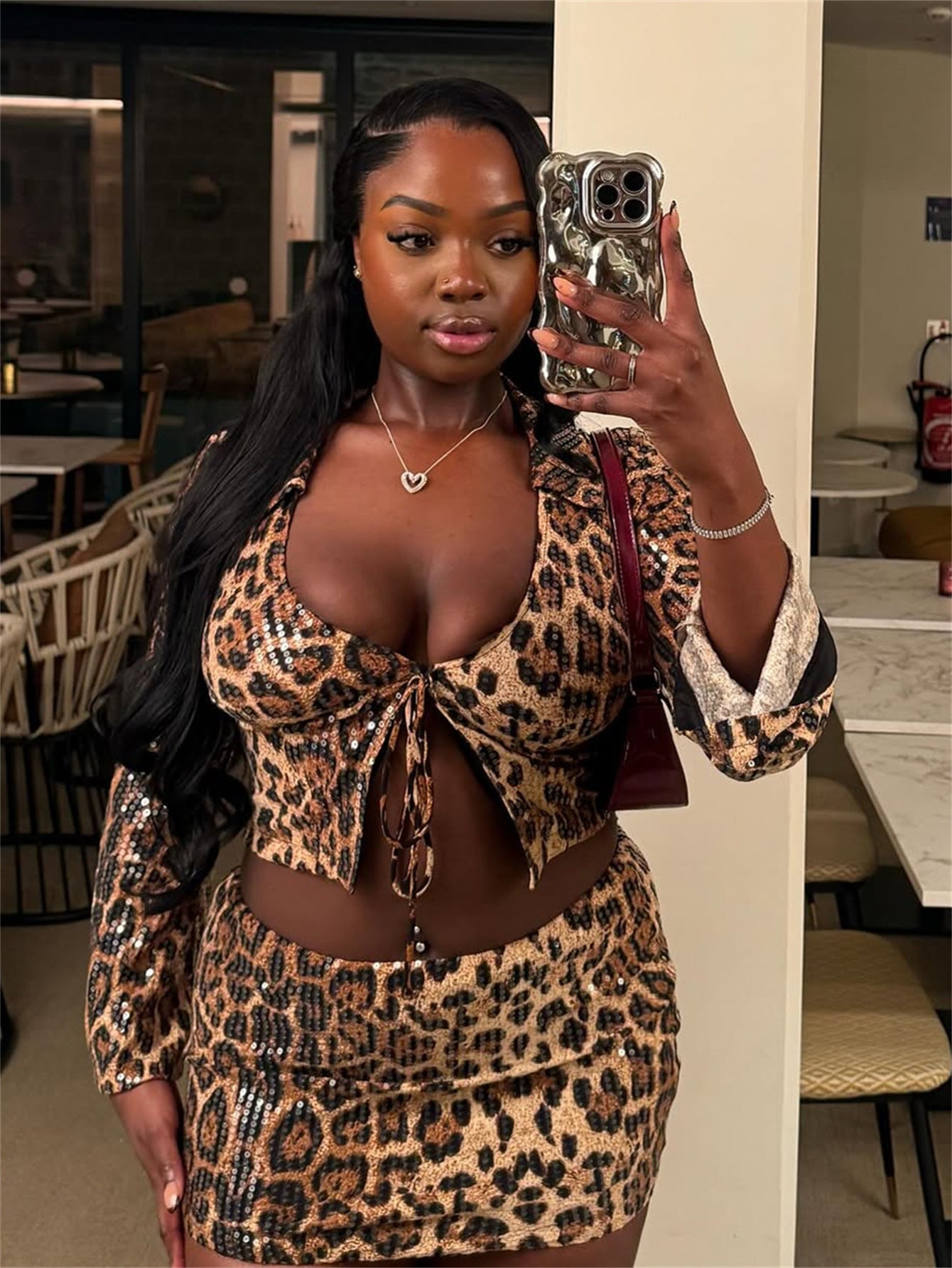 Sexy leopard print lace-up top and skirt set