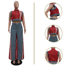 Load image into Gallery viewer, Casual Web Loose Stitching Denim Wide-Leg Pants Set
