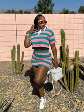 Load image into Gallery viewer, Striped contrast color navel-baring short lapel top hip-wrapped skirt suit
