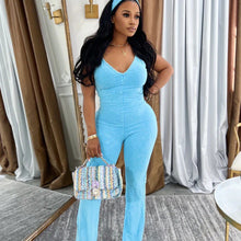 Load image into Gallery viewer, Washed V-neck denim jumpsuit with suspenders
