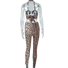 Load image into Gallery viewer, Fashion leopard print suit sexy wrap chest suspenders trousers two piece set
