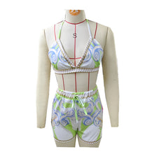 Load image into Gallery viewer, Casual Printed Beach Swimsuit Wrap-around Shirt Shorts Three-piece Set
