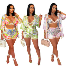 Load image into Gallery viewer, Casual Printed Beach Swimsuit Wrap-around Shirt Shorts Three-piece Set
