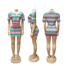 Load image into Gallery viewer, Striped contrast color navel-baring short lapel top hip-wrapped skirt suit
