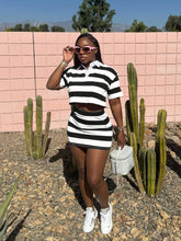 Load image into Gallery viewer, Striped contrast color navel-baring short lapel top hip-wrapped skirt suit

