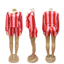 Load image into Gallery viewer, Casual Fashion Striped Lapel Top High Waist Shorts Set
