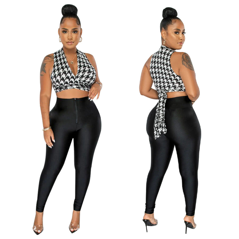 Sexy deep V-neck tie up top+pencil pants sports two-piece set AY2836