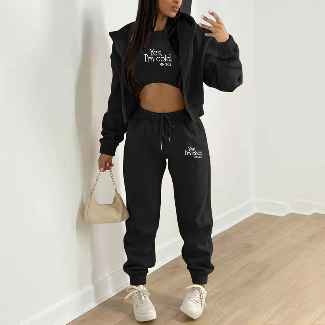 Fashion hooded letter printed plush sweater three piece set AY3208