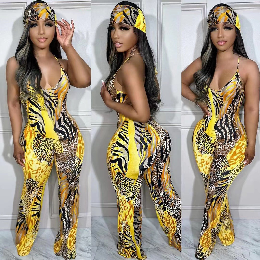 Leopard print women's suspender jumpsuit (with headscarf) AY2924