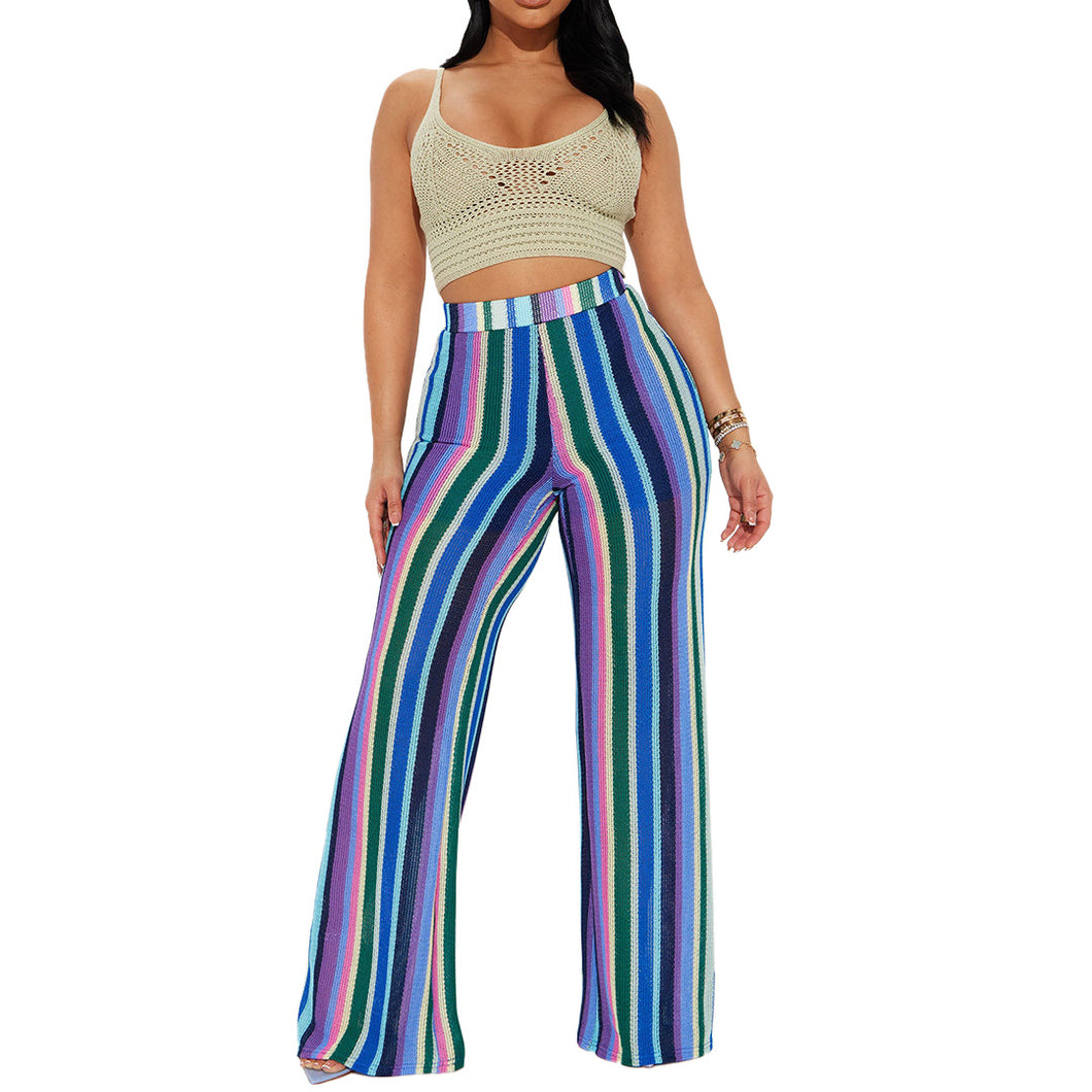 Striped knitted hollow jacquard wide leg pants AY2967