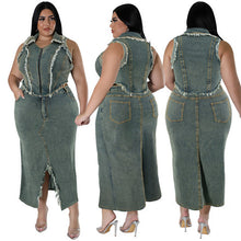 Load image into Gallery viewer, Denim short sleeved tassel zipper split set AY3472
