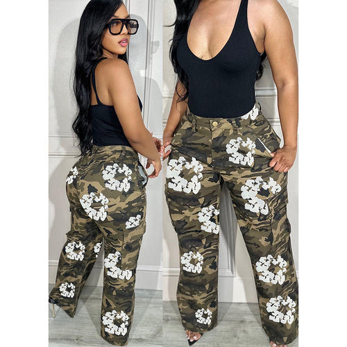 Casual camouflage printed workwear style straight bucket pants AY3324