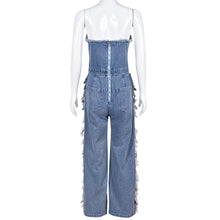 Load image into Gallery viewer, Tassel pierced hole nail drill washed denim jumpsuit AY2761
