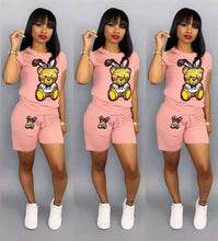 Load image into Gallery viewer, Sequined bear cartoon short sleeve suit AY1041
