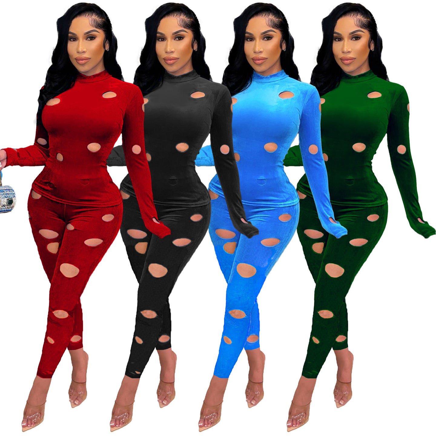 Hole solid color bright velvet two-piece suit(AY1548)
