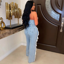 Load image into Gallery viewer, Tassel pierced hole nail drill washed denim jumpsuit AY2761
