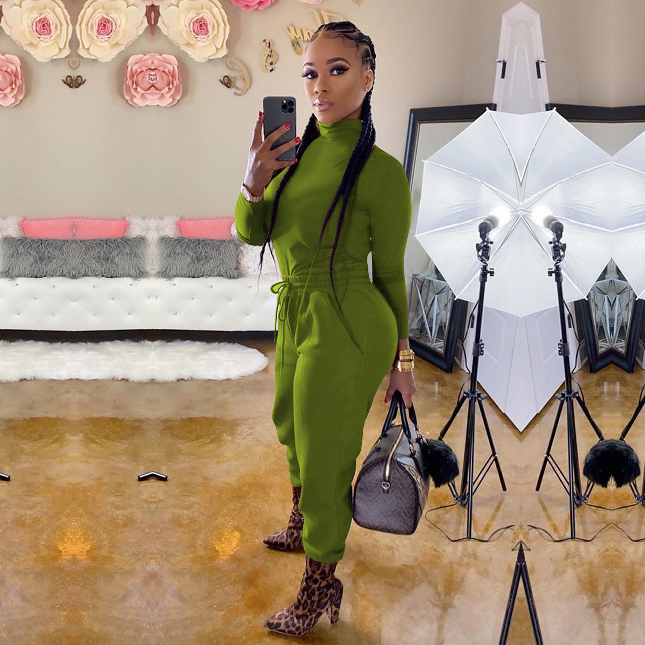 Solid color high collar casual two-piece suit（AY1422）