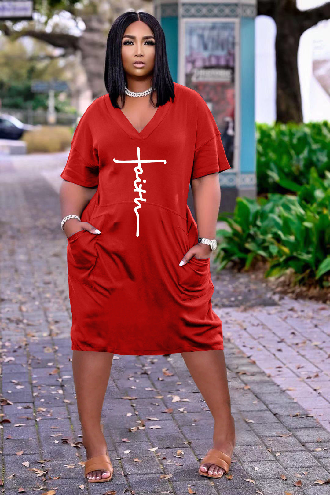 Sexy Letter Print V Neck Dress（AY2104)